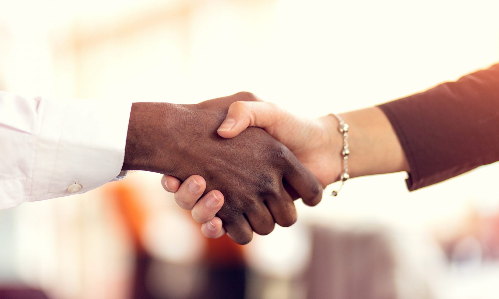 Two diverse hands are shaking. One hand has a long white sleeve, and the other has a silver bracelet with a black shirt sleeve—Symoblic to partnerships and diversity.