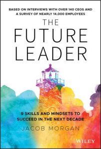 The front cover is a white multi-coloured book with a lighthouse design called 'The future leader; 9 skills and mindsets to success in the next decade '— Jacob Morgan.