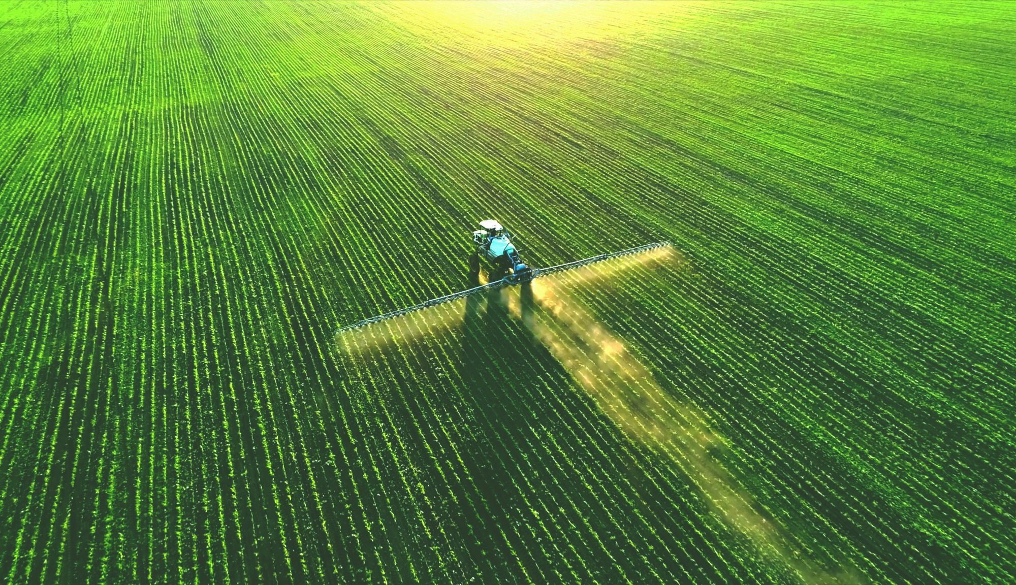 A tractor watering crops with a sprinkler system on a sunny day.