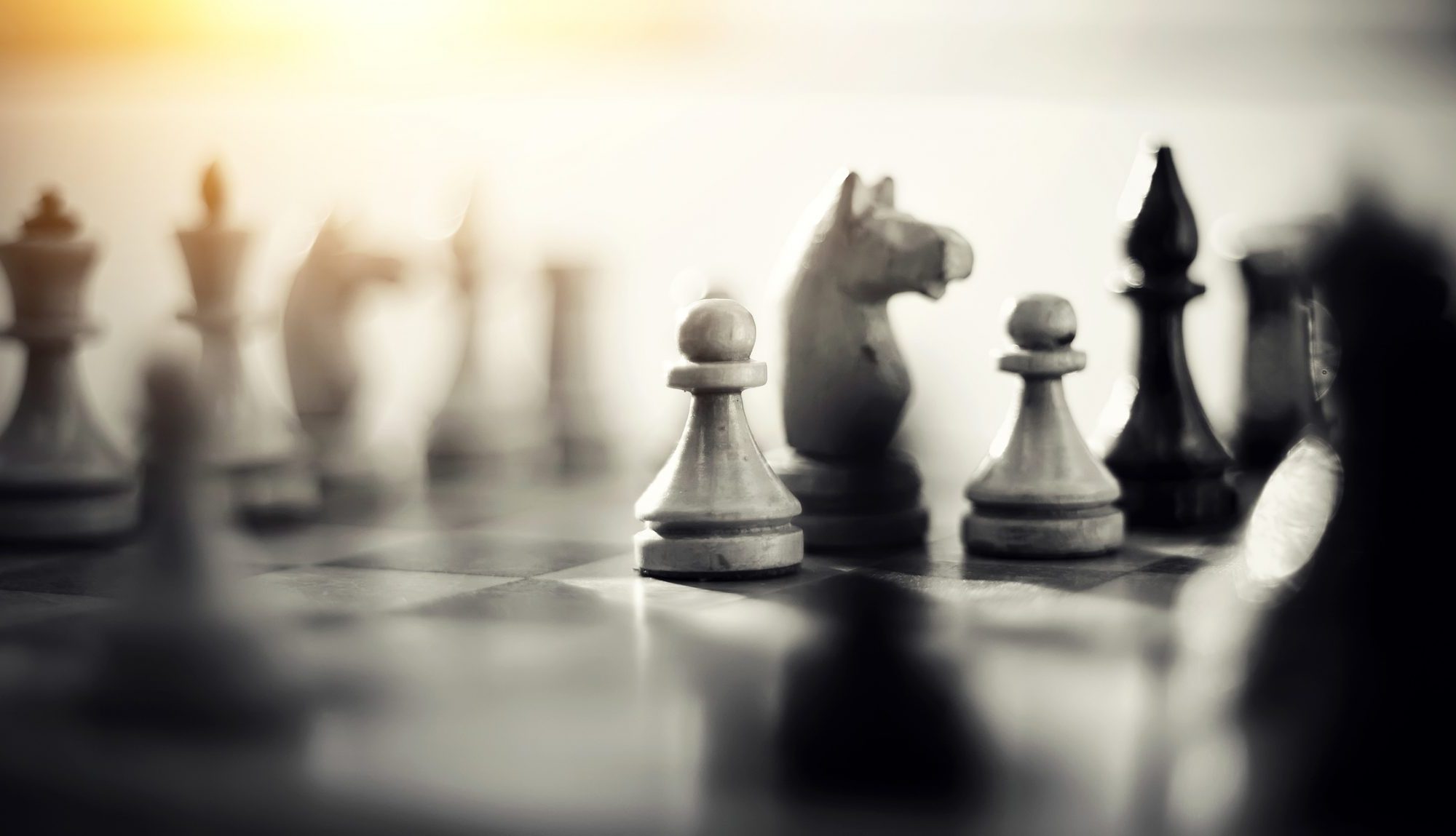 Close up of a black and white chess game focusing on the pawns and the knights is symbolic of planning, strategy, and challenge.