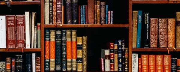 An old fashioned bookshelf case within a library.